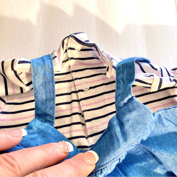 Crown & Ivy Denim suspender dress 9 month embroidered pockets striped bodysuit - Picture 9 of 9
